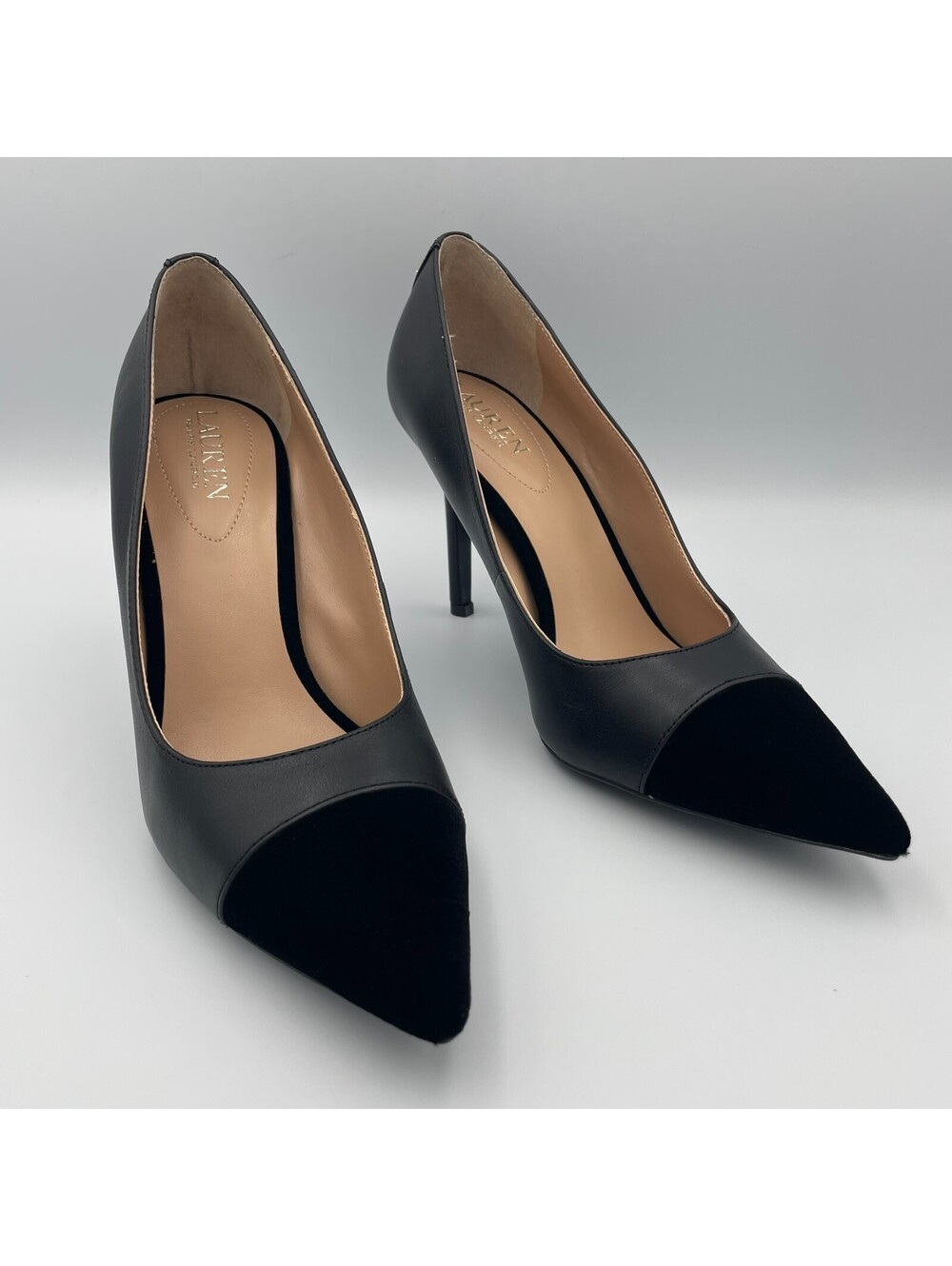 Lauren Ralph Lauren Pointed Toe Pumps Womens 8.5 Black Suede Tip 3.5in Heels